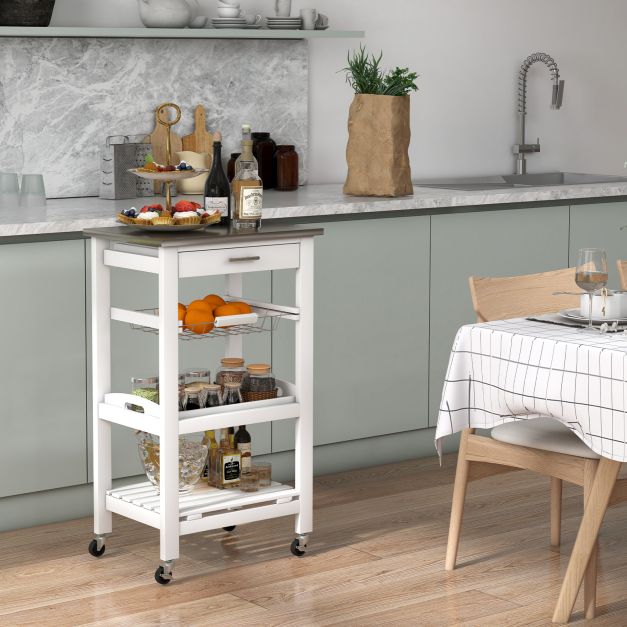4 Tier Kitchen Serving Trolley with Lockable Wheels Basket and Drawer