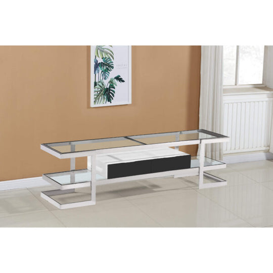 Lagonda Clear Glass TV Unit with High Gloss Drawer – Modern White Entertainment Cabinet with Glass Shelving