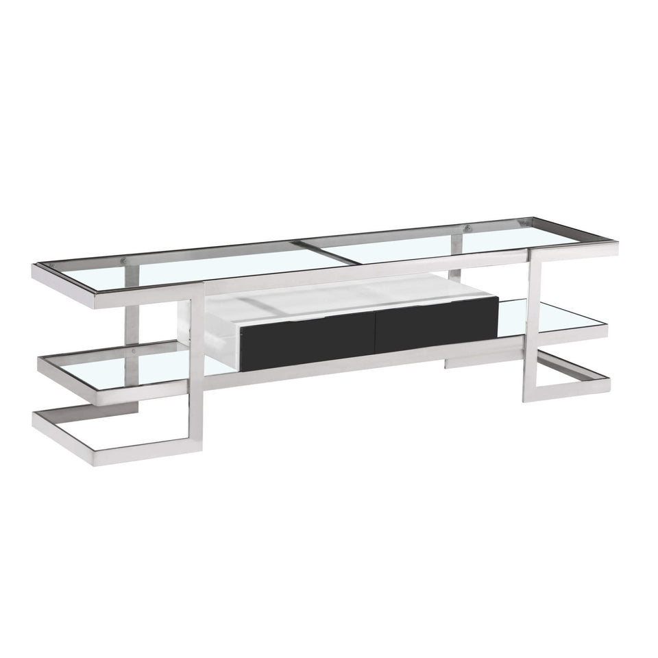 Lagonda Clear Glass TV Unit with High Gloss Drawer White - Lavish Kitchen Isle