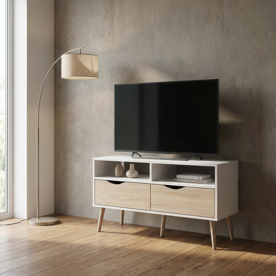 Mapleton compact TV unit by Lavish Kitchen Isle featuring sleek storage, perfect for small spaces, as shown in the image.