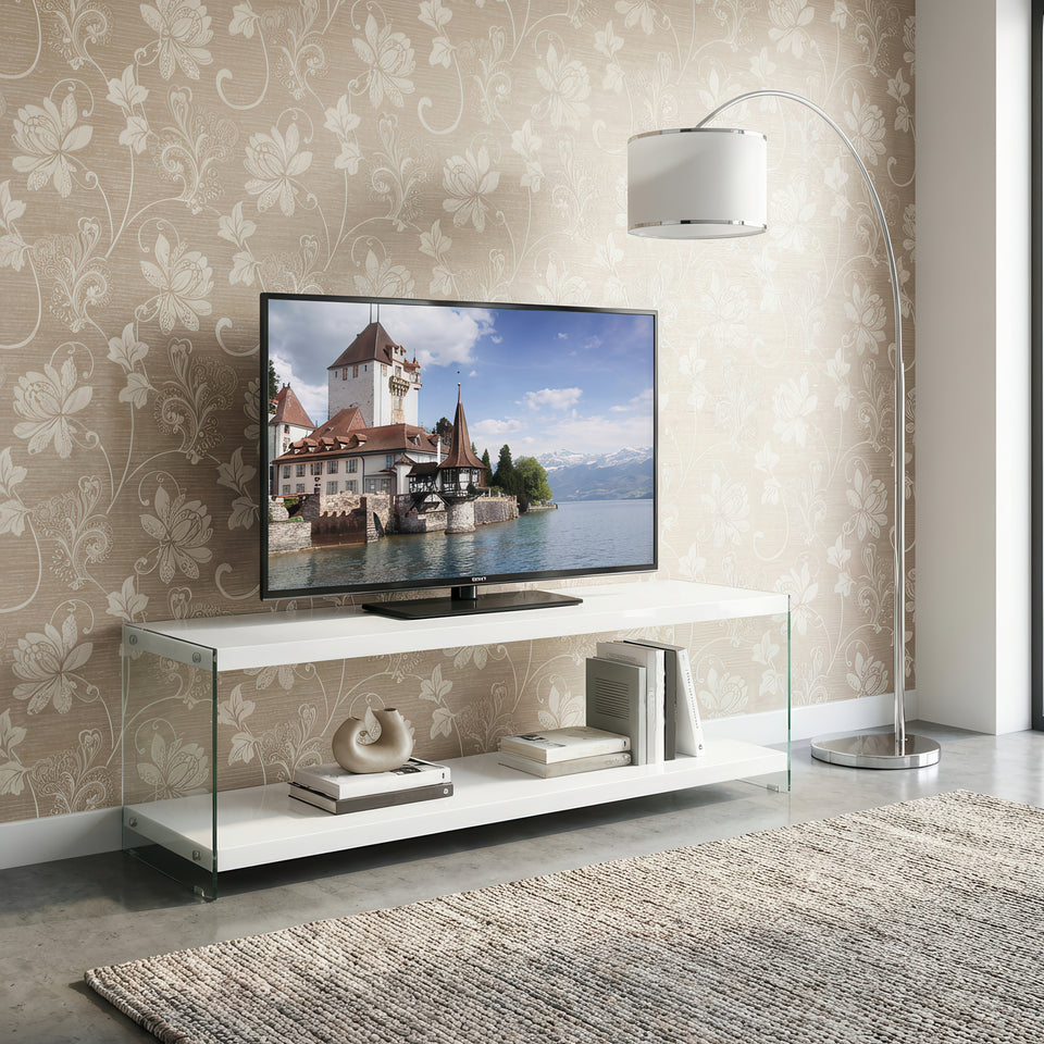 Marco White high gloss glass TV unit by Lavish Kitchen Isle, modern entertainment stand with sleek storage and reflective finish.