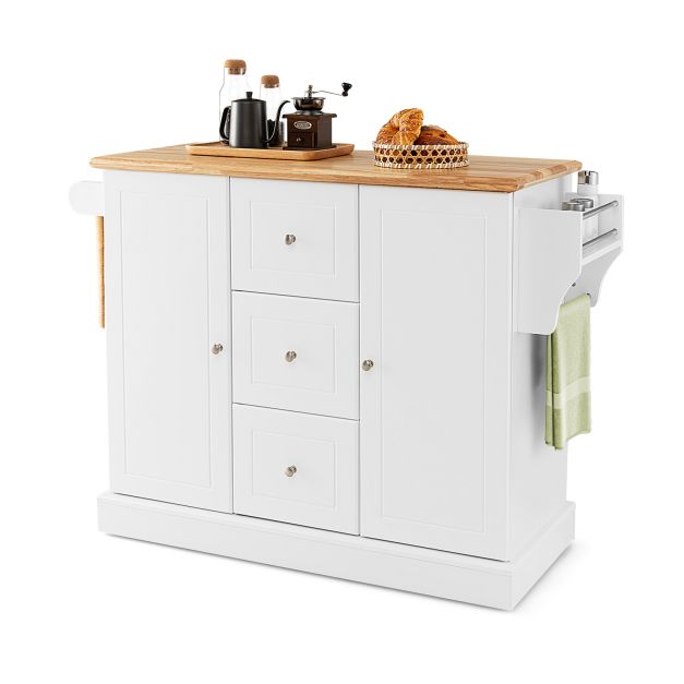 Mobile Kitchen Island Cart with 3 Deep Drawers and 2 Enclosed Cabinets