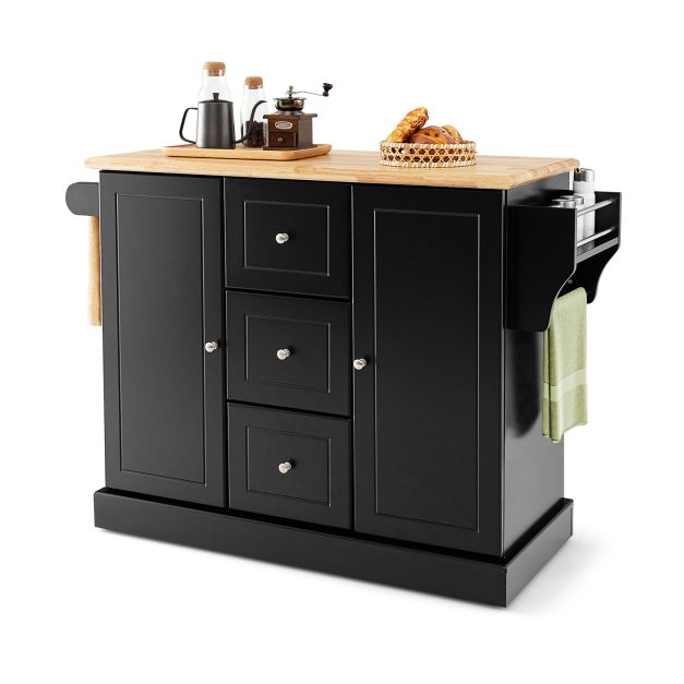 Mobile Kitchen Island Cart with 3 Deep Drawers and 2 Enclosed Cabinets