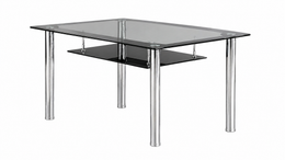 Modern glass dining table with chrome and black base by Lavish Kitchen Isle, featuring a sleek contemporary design.