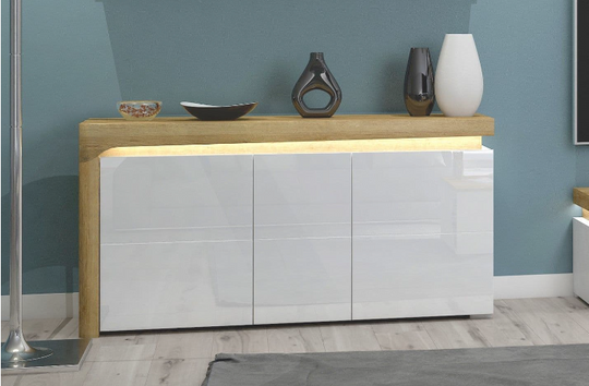 AlpenGlow Oak Effect and White Gloss 3 Door Sideboard With Lights