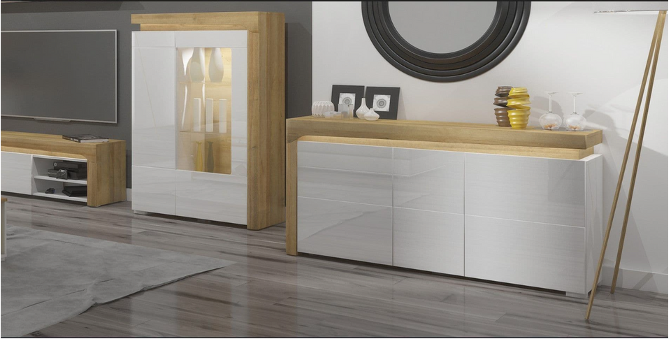 AlpenGlow Oak Effect and White Gloss 3 Door Sideboard With Lights