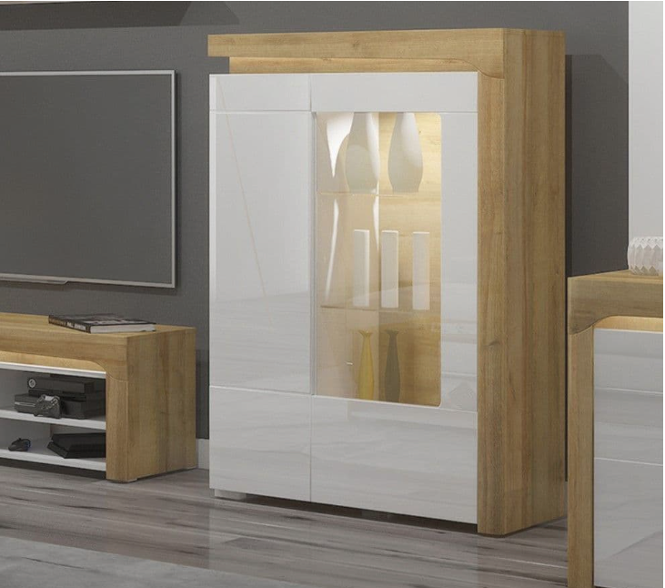 AlpenGlow White High Gloss And Oak Low Wide Display Cabinet With LED Lights