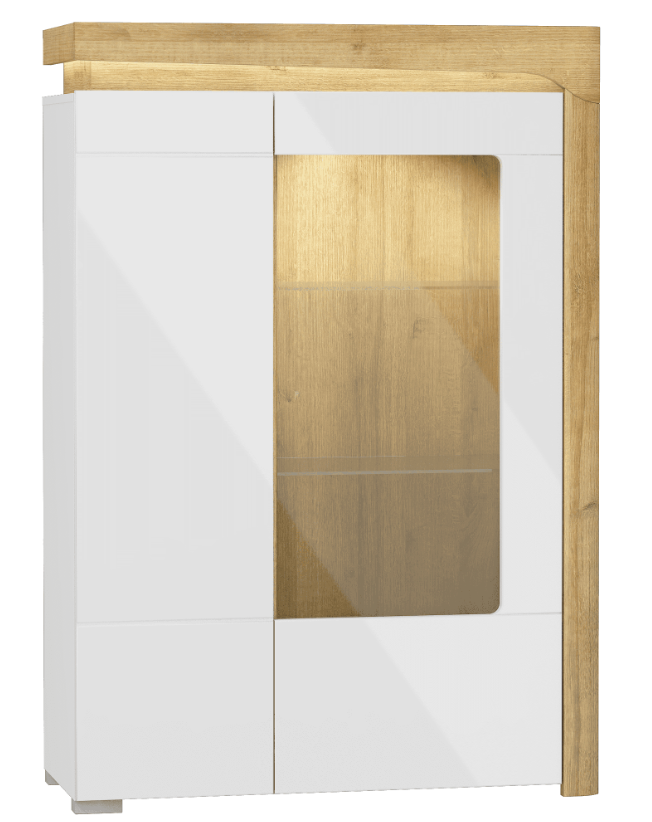AlpenGlow White High Gloss And Oak Low Wide Display Cabinet With LED Lights