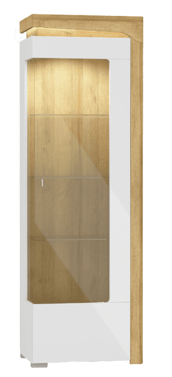AlpenGlow Oak Effect And White Gloss Right Side Display Cabinet with Glass Door and LED Lights
