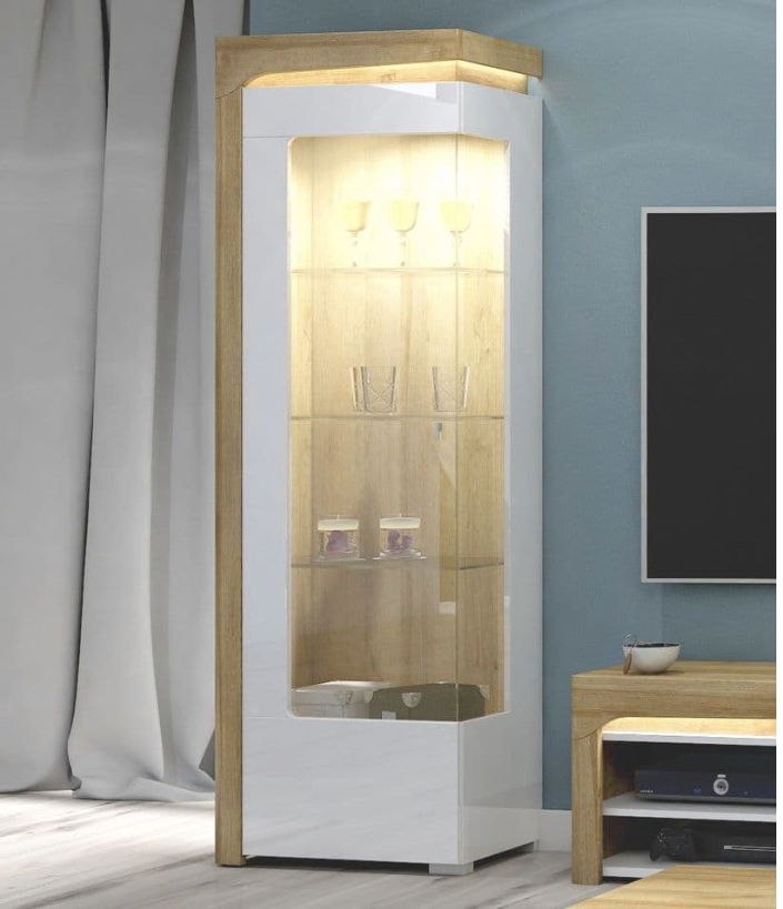 AlpenGlow White Gloss and Oak Left Display Cabinet with Glass Door and LED Lights