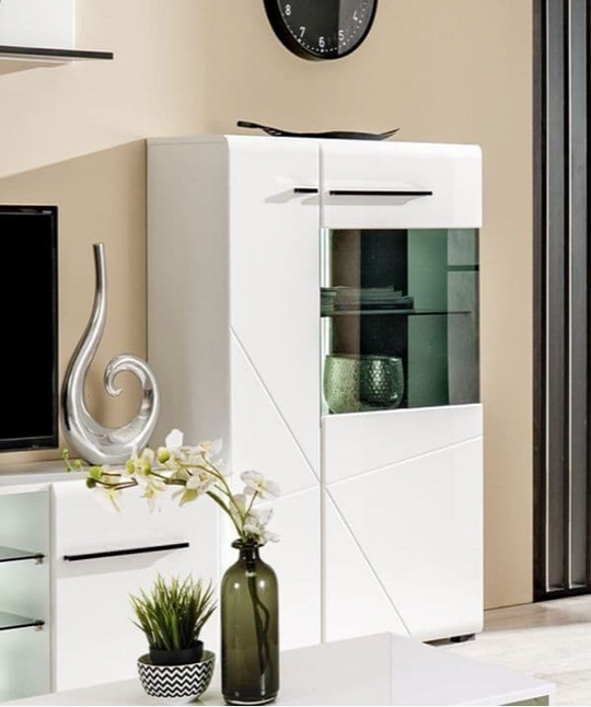 Regal Low Display Cabinet – White Gloss & Black Glass Lounge Unit with Soft Close