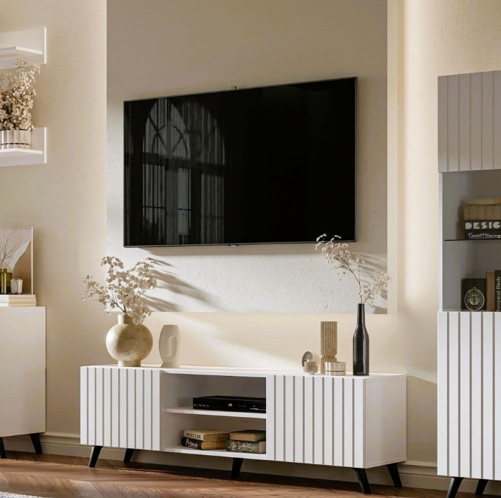 The Matte White Elegant Large TV Cabinet with Grooved Vertical Lines