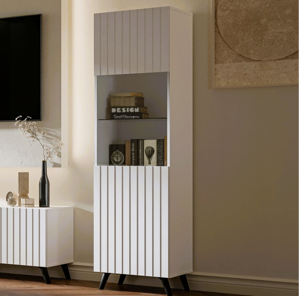 The Matte White Elegant Tall Display Cabinet with Grooved Vertical Lines