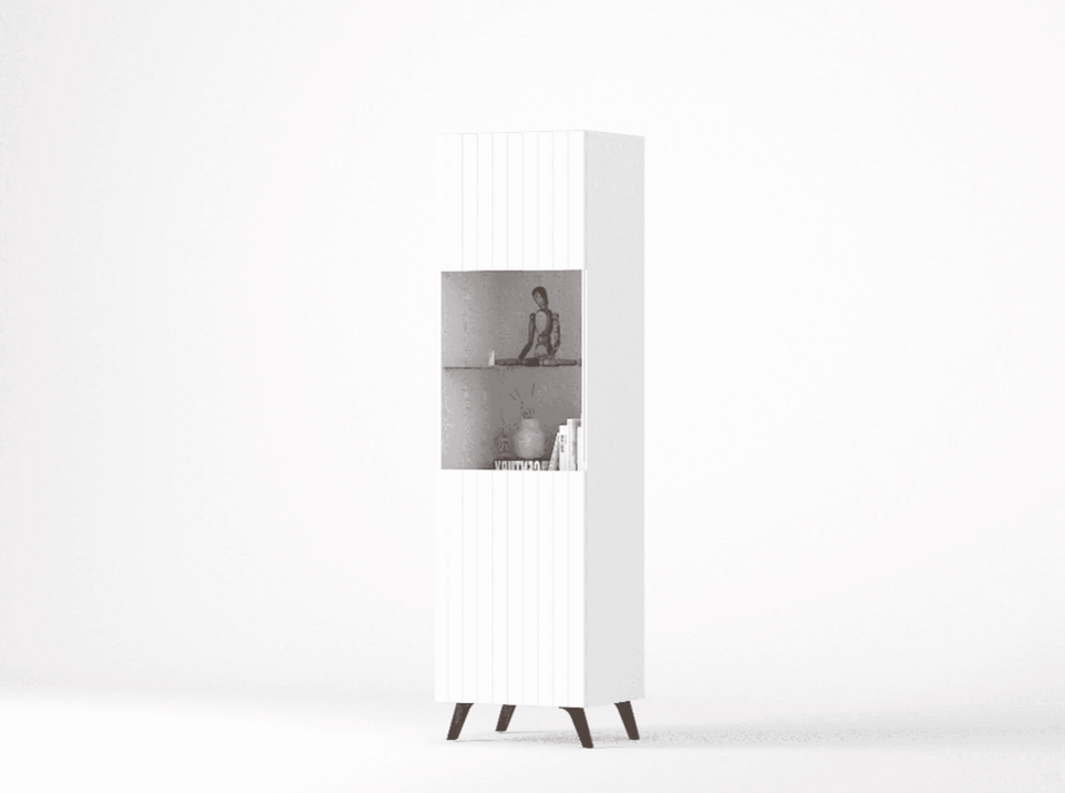 The Matte White Elegant Tall Display Cabinet with Grooved Vertical Lines
