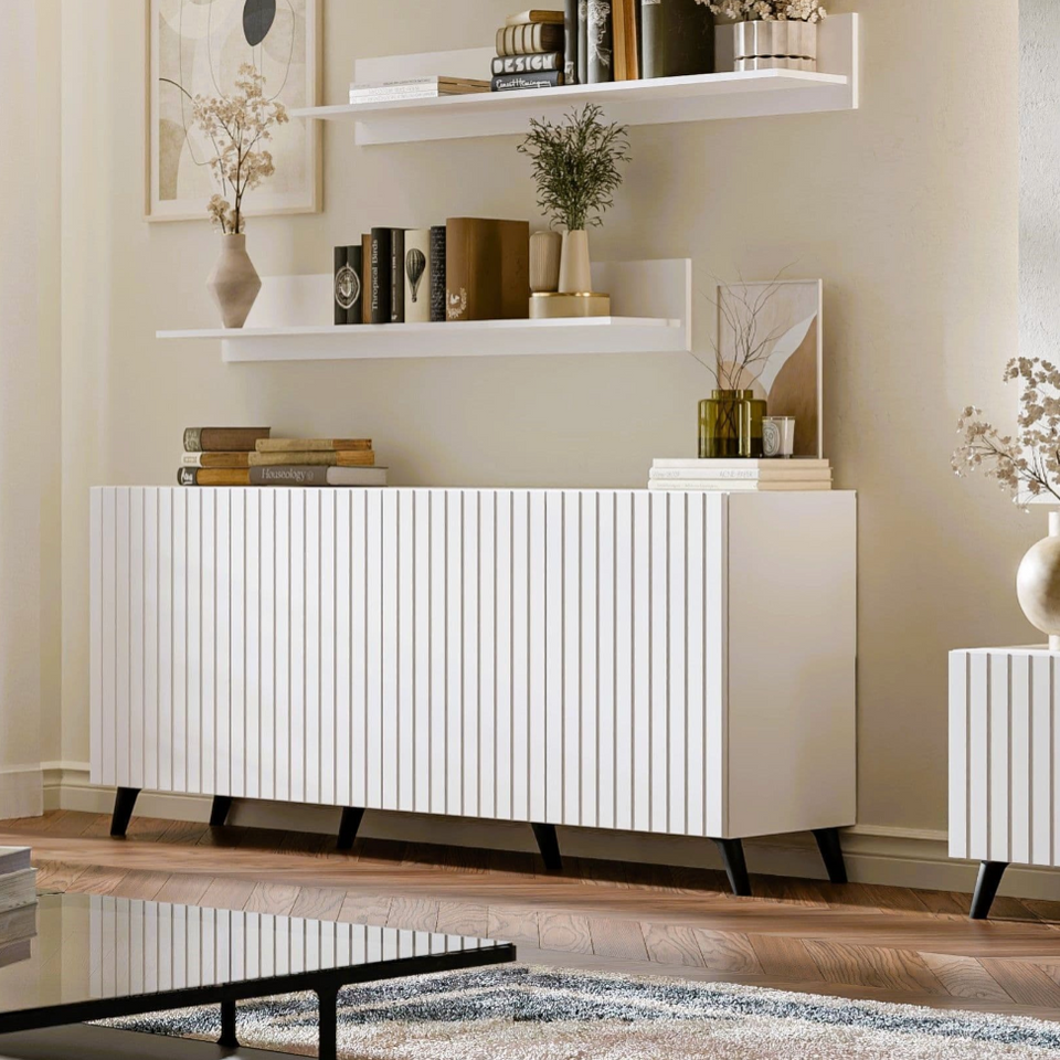 The Matte White Elegant Wide 4 Door Sideboard with Grooved Vertical Lines