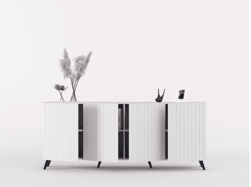 The Matte White Elegant Wide 4 Door Sideboard with Grooved Vertical Lines
