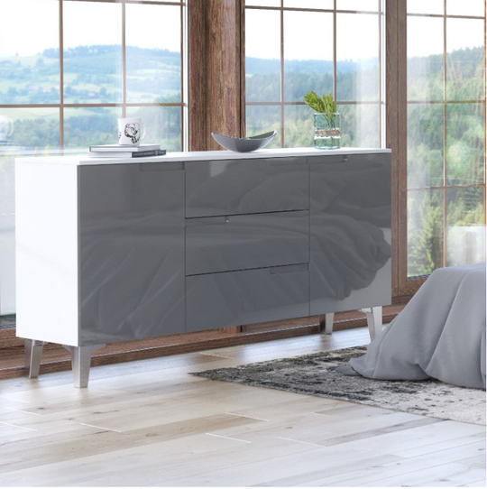 Adiree High Gloss And White 2 Doors and 3 Drawers Wide Sideboard- Grey