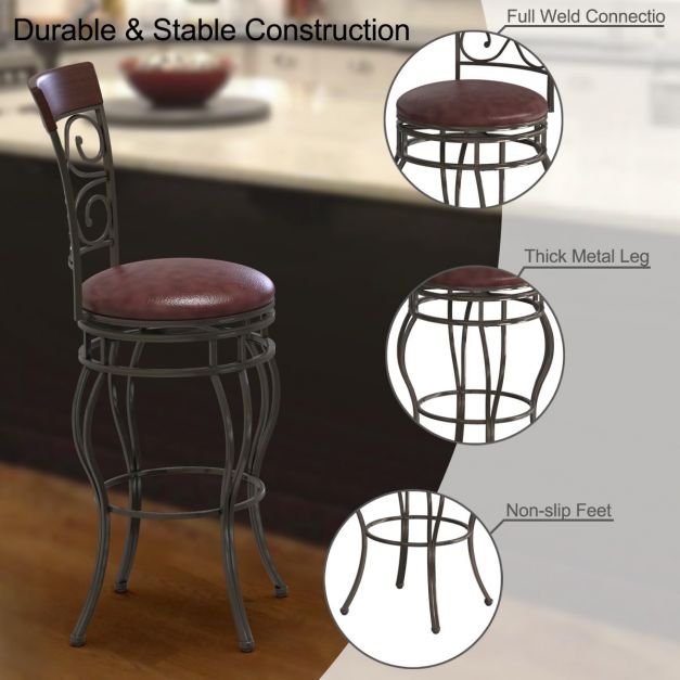 Set of 2 PU Leather Swivel Bar Stools with Footrest