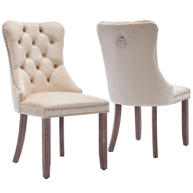 Set of 4 grey and beige velvet wingback dining chairs with button tufted backs and solid wood legs, by Lavish Kitchen Isle