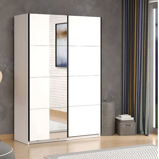Sliding Wardrobe with Mirror White  145cm Wardrobe Storage with Hanging Rail and Shelves Bedroom Furniture