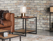 Ooki reclaimed wood lamp and side table by Baumhaus, featuring a rustic design and open shelf for storage.