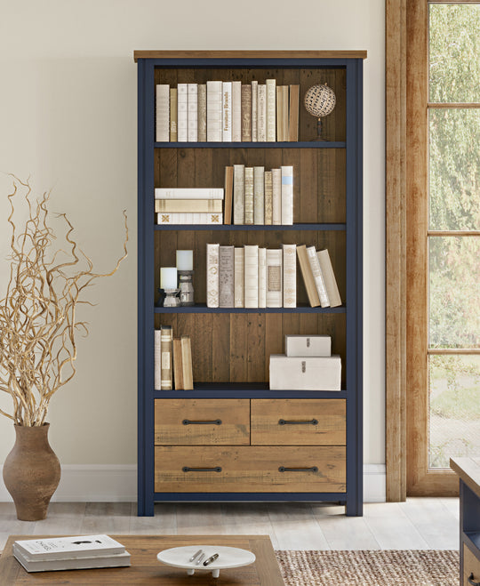 Blue - Large Open Bookcase with Drawers
