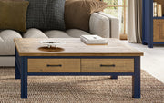 Baumhaus Splash of Blue coffee table with four drawers, featuring a vibrant blue finish and elegant design.