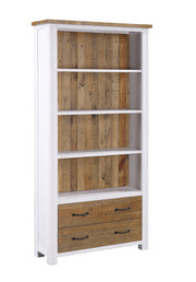 Large white open bookcase with drawers by Baumhaus, showcasing multiple shelves and a sleek design.