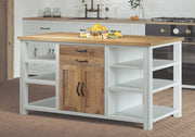Baumhaus white kitchen island with a spacious countertop and storage drawers, set in a modern kitchen setting.