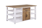 Baumhaus white kitchen island with spacious countertop and storage drawers, set against a modern kitchen backdrop.
