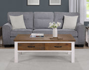 Baumhaus white coffee table featuring four drawers, ideal for stylish storage and home decor.