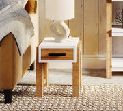 Baumhaus Trinity reclaimed open side table with one drawer, showcasing natural wood finish and stylish design.