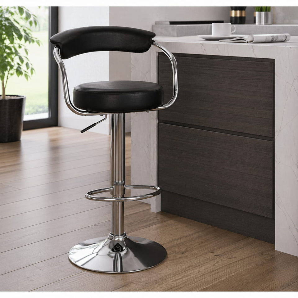 Lavish Kitchen Isle Bar Stool Model 7, modern adjustable chair with wooden seat and metal base, suitable for kitchen islands and breakfast bars.