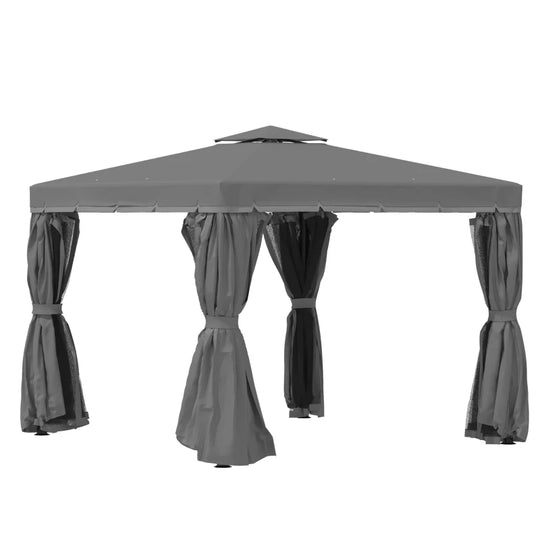 3x3m Dark Grey Patio Gazebo with Two Tier Water Repellent Roof, Mosquito Netting and Curtains