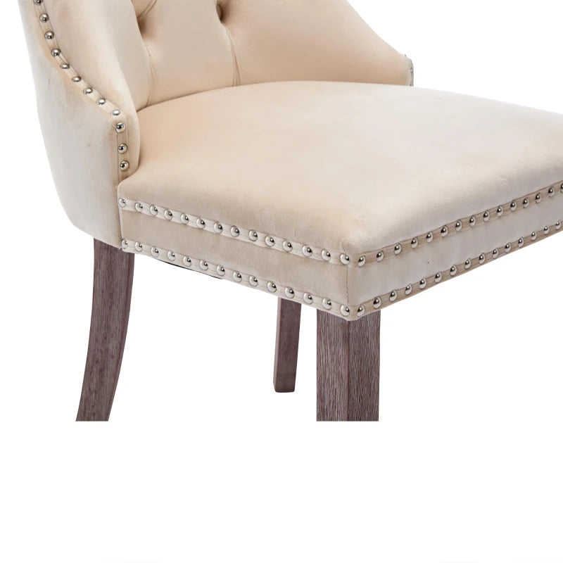 Set of 2 velvet dining chairs with button tufted backrests and knocker ring accents in grey and beige, by Lavish Kitchen Isle