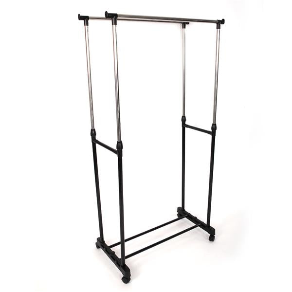 Dual-bar Vertical & Horizontal Stretching Stand Clothes Rack Portable Wardrobe with Shoe Shelf Black & Silver