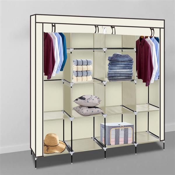 67" Clothes Closet Portable Wardrobe Clothes Storage Rack 12 Shelves 4 Side Pockets Black and Biege