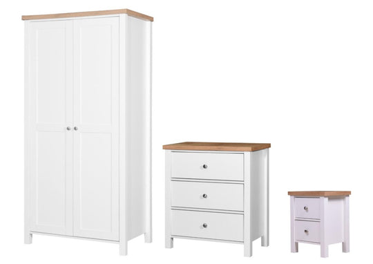 Agonmi 3 Piece Bedroom Furniture Set – 2 Door Wardrobe, Chest of Drawers, Bedside Cabinet White Finish