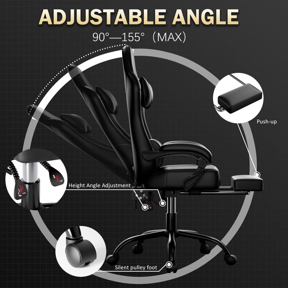 Ergonomic Gaming Chair with Footrest - Black Faux Leather Reclining PC Desk Chair