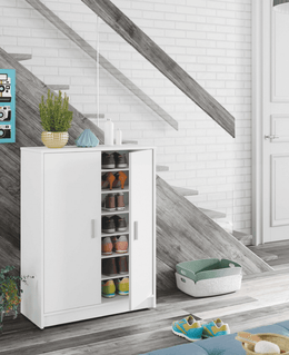 White Shoe Rack Cabinet – 2 Door, 6 Shelf Storage
