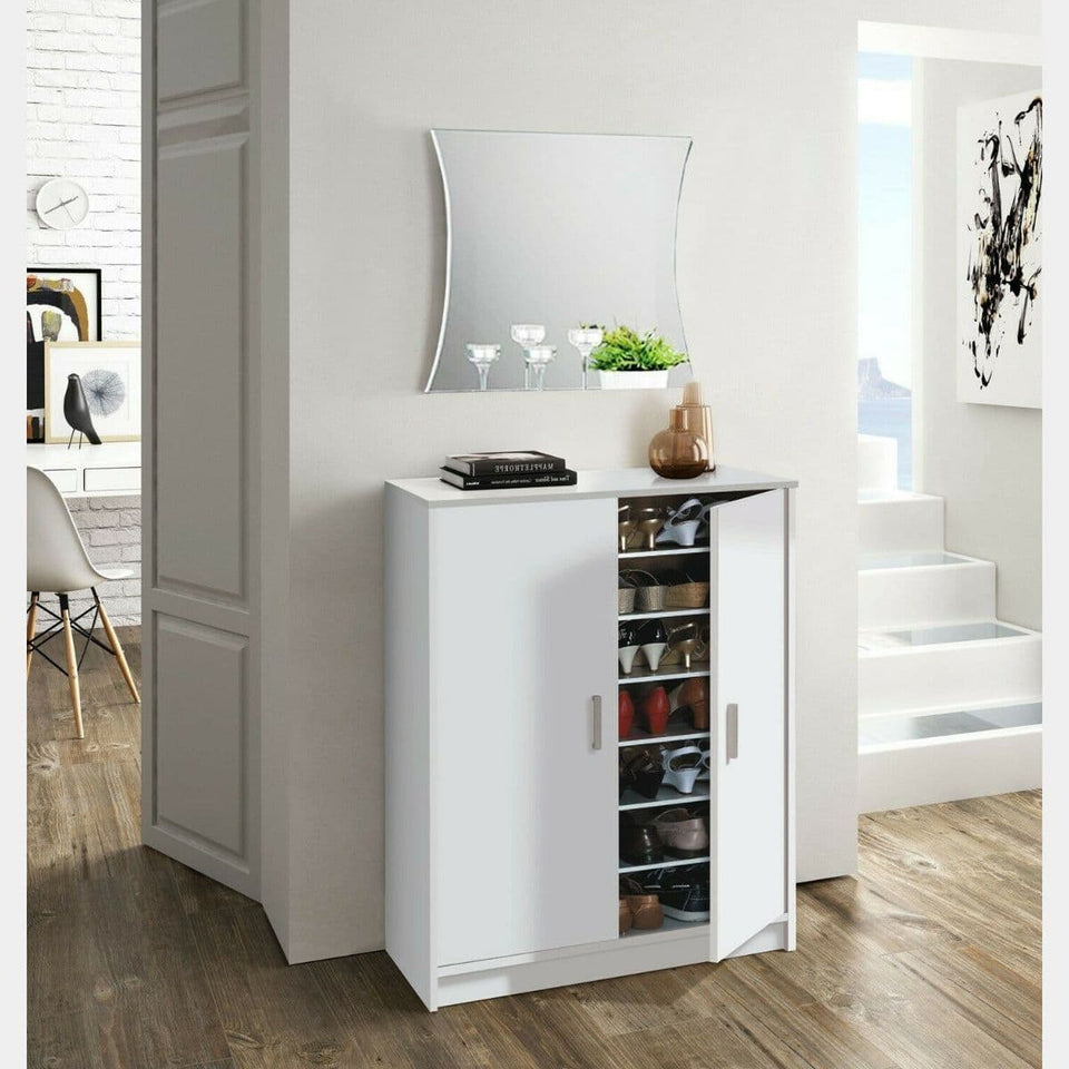 Zenith Shoe Rack Stand 55cm White 2 Door Storage Stand Organiser Tier Cabinet Shelf Unit Wooden Space Saving Cupboard Pairs