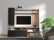 Algarve artisan oak effect and black TV stand cabinet with storage compartments, suited for TVs up to 60 inches.