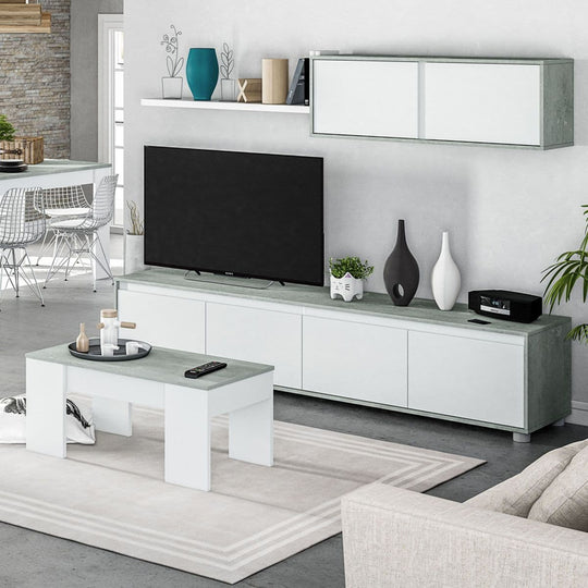 Modern Concrete Grey & White TV Entertainment Unit – 200cm Wide Cabinet Set