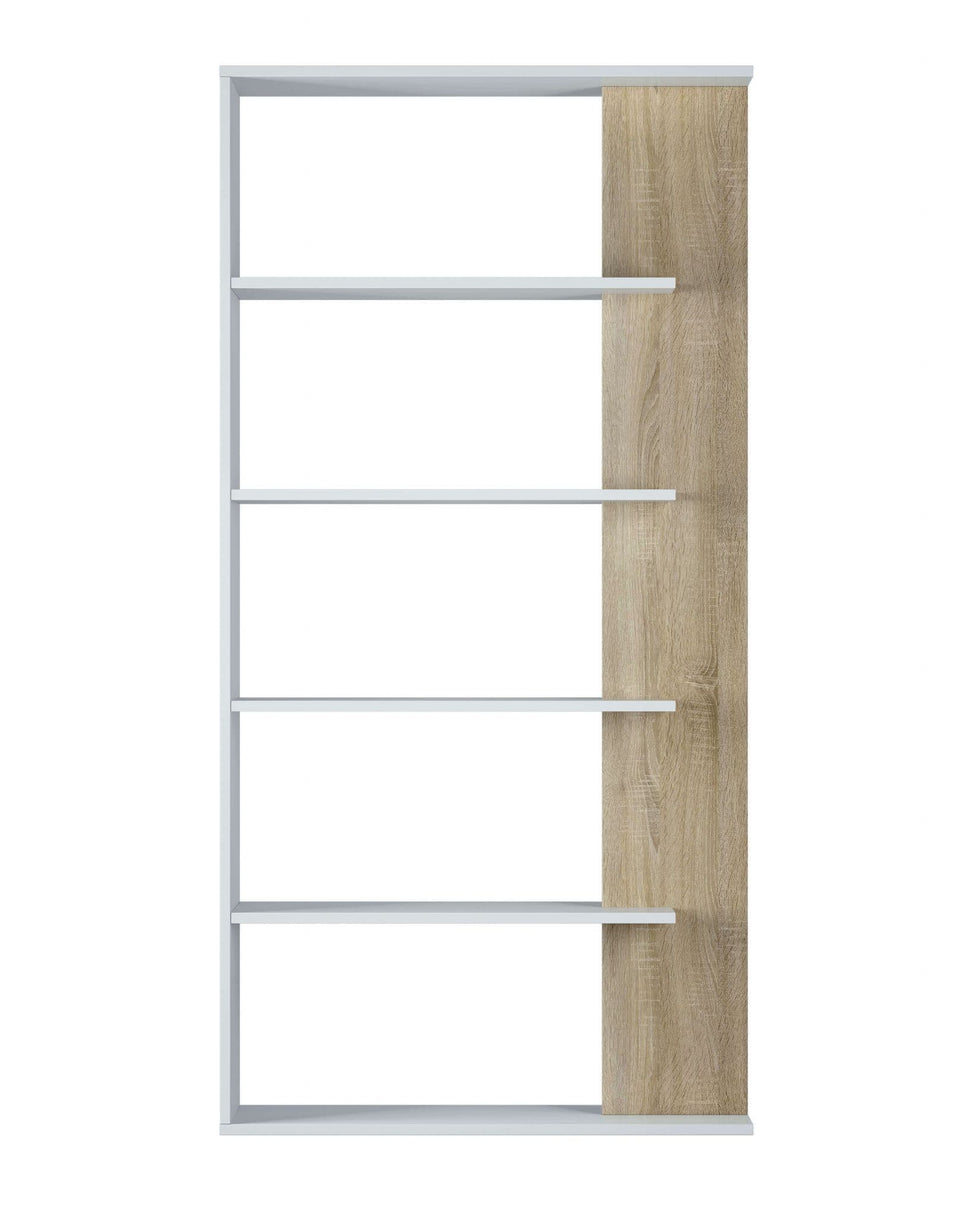 Zummbo Open Back 5-Tier Bookcase – Arctic White and Oak Effect Room Divider, Shelving Storage Unit for Home and Office