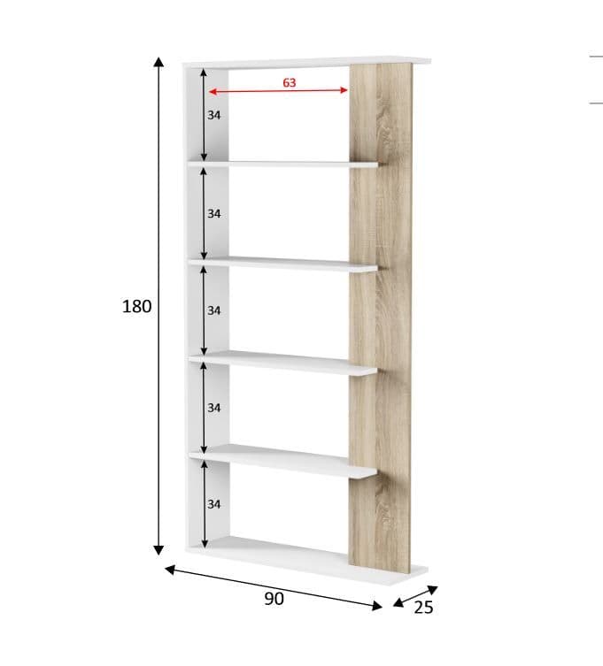 Zummbo Open Back 5-Tier Bookcase – Arctic White and Oak Effect Room Divider, Shelving Storage Unit for Home and Office