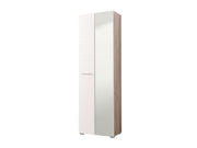 Gloss mirrored wardrobe with oak effect finish, 60cm wide, featuring shelves and hanging rail for versatile storage.