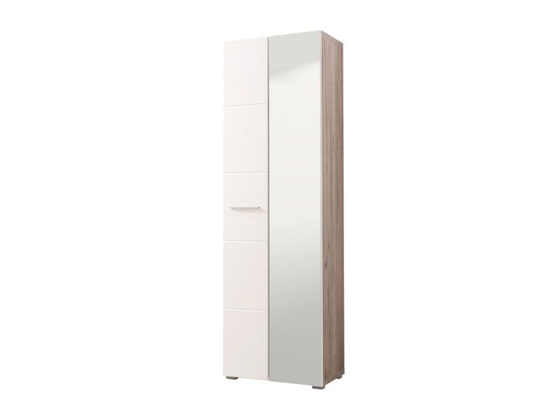 White Gloss Mirrored Wardrobe 60cm with Shelves & Hanging Rail – Oak Effect
