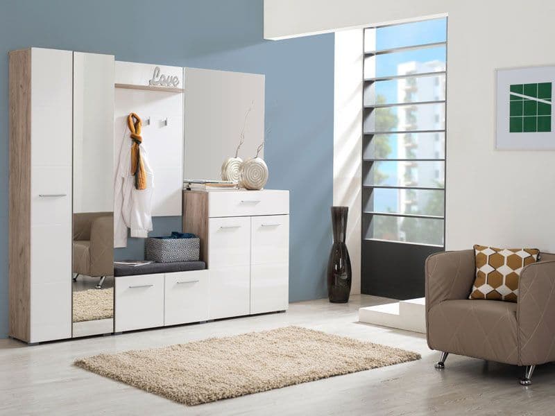 White Gloss Mirrored Wardrobe 60cm with Shelves & Hanging Rail – Oak Effect