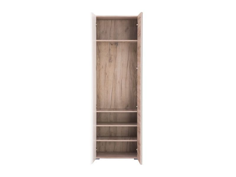 White Gloss Mirrored Wardrobe 60cm with Shelves & Hanging Rail – Oak Effect