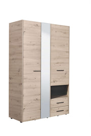 Lavish Kitchen Isle Rylora Grey Oak 3-door wardrobe with mirror and two drawers, modern bedroom storage solution.